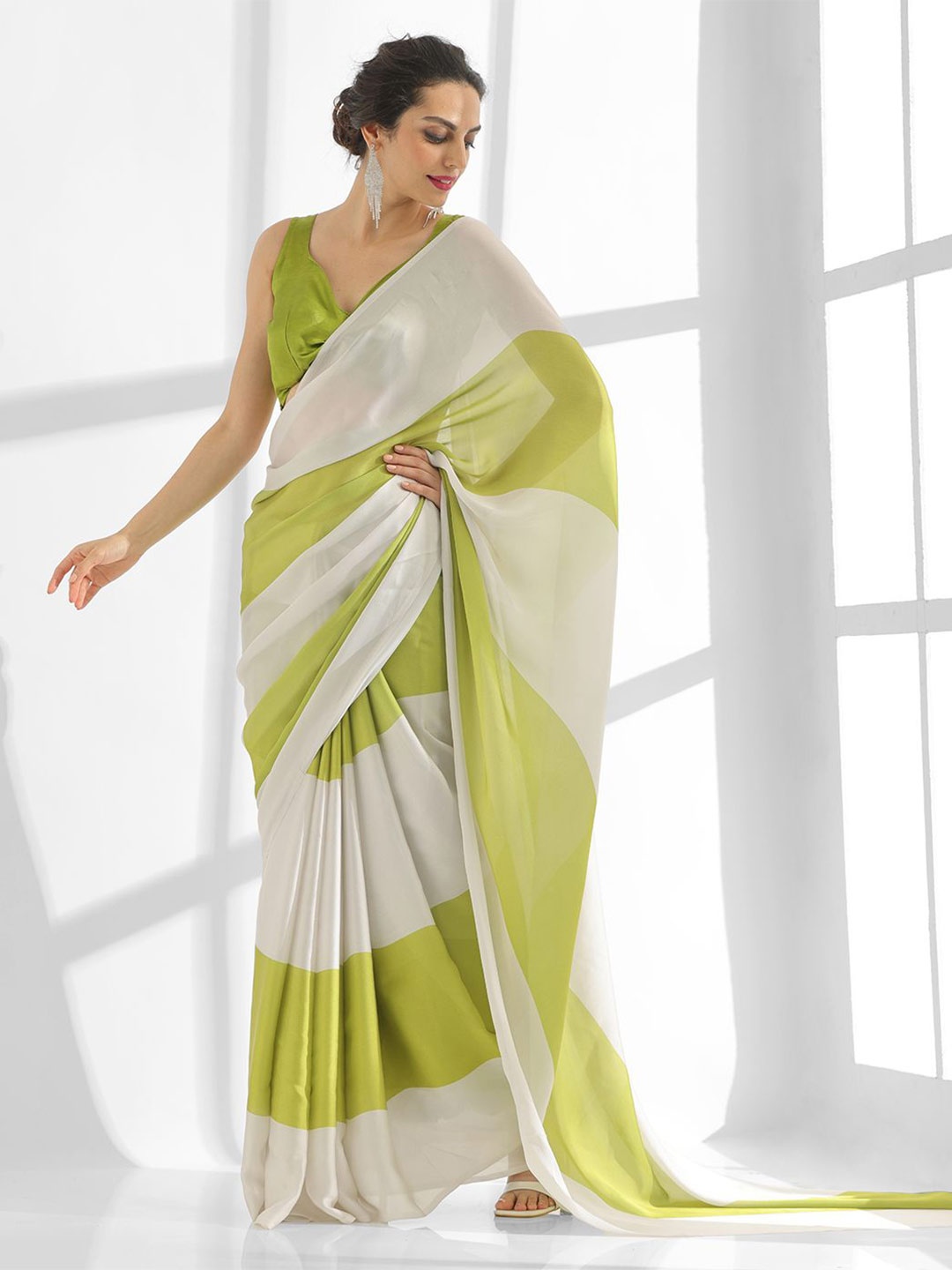 

Kalista Striped Satin Saree with Blouse Piece, Green