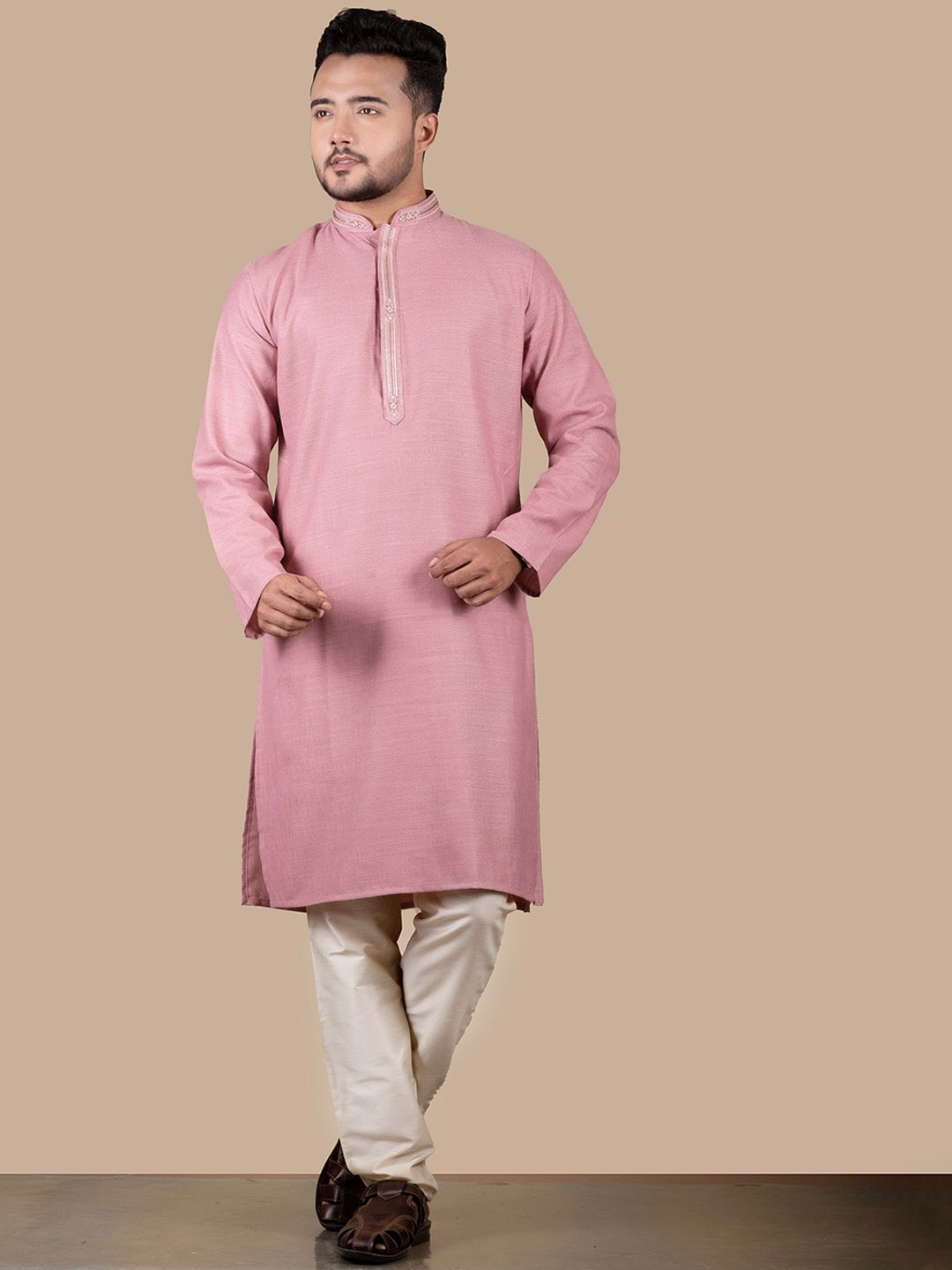 

HERE&NOW Pink Mandarin Collar Geometric Woven Design Thread Work Straight Kurta