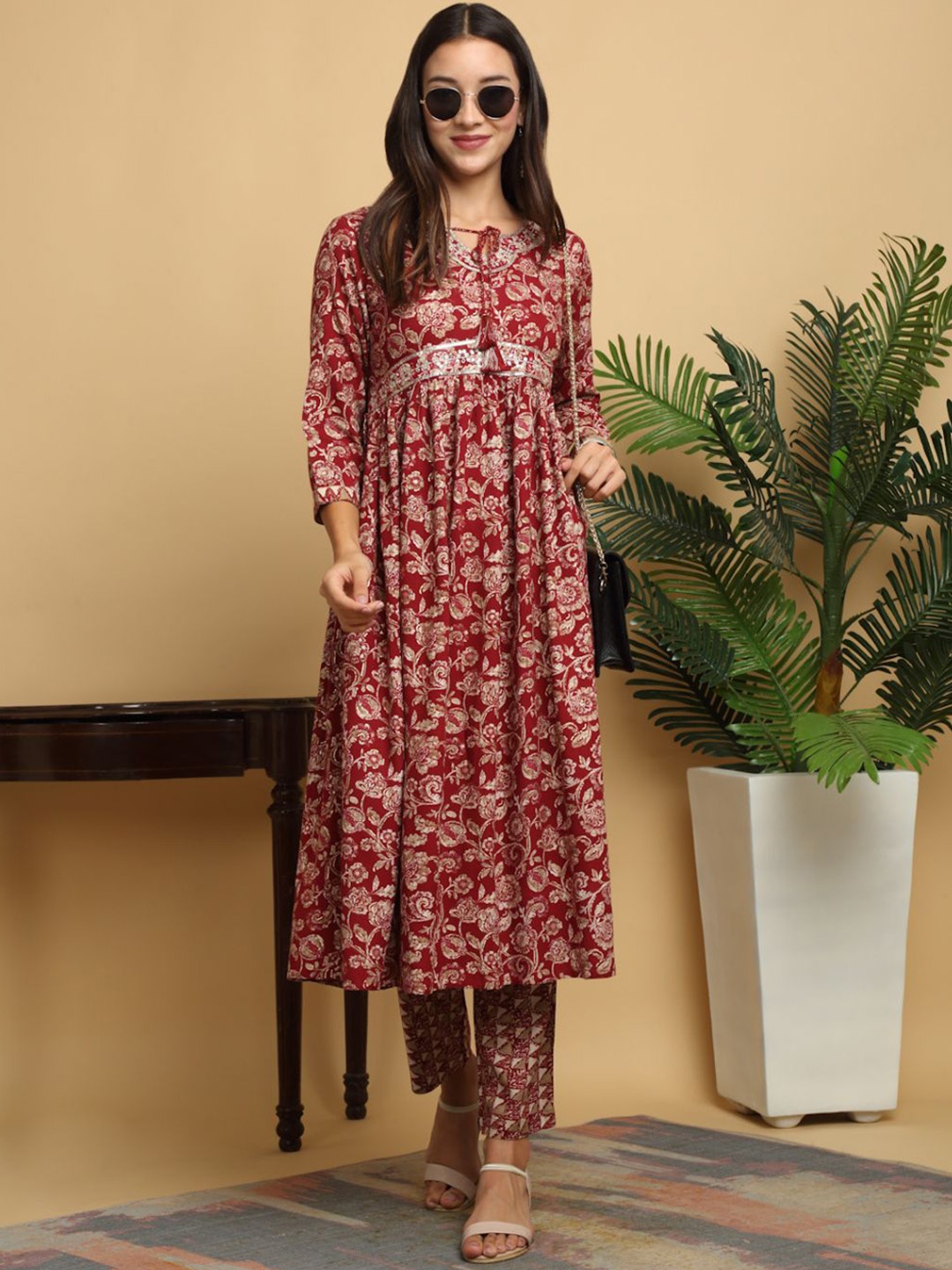 

KALINI Tie-Up Neck Floral Printed Pleated Anarkali Kurta with Trousers, Maroon