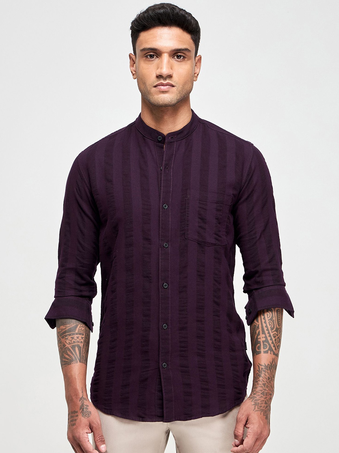 

Red Flame Men Band Collar Textured Cotton Casual Shirt, Navy blue