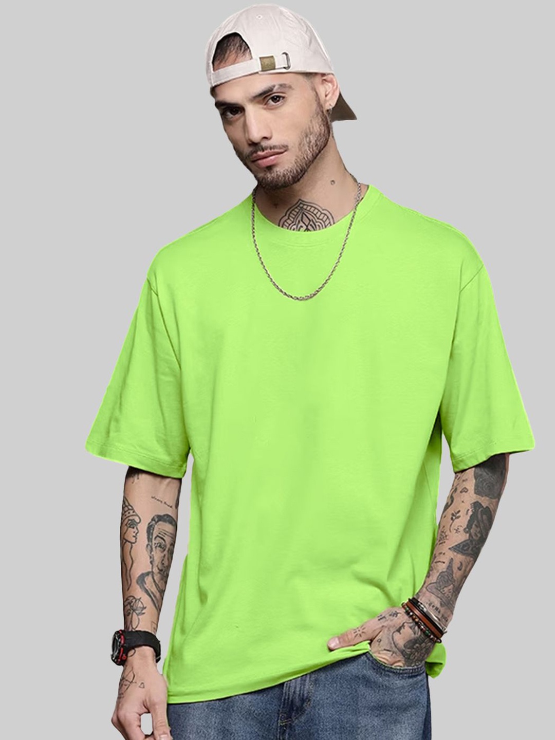 

Leotude Men Solid Round Neck Cotton Oversized T-shirt, Lime green