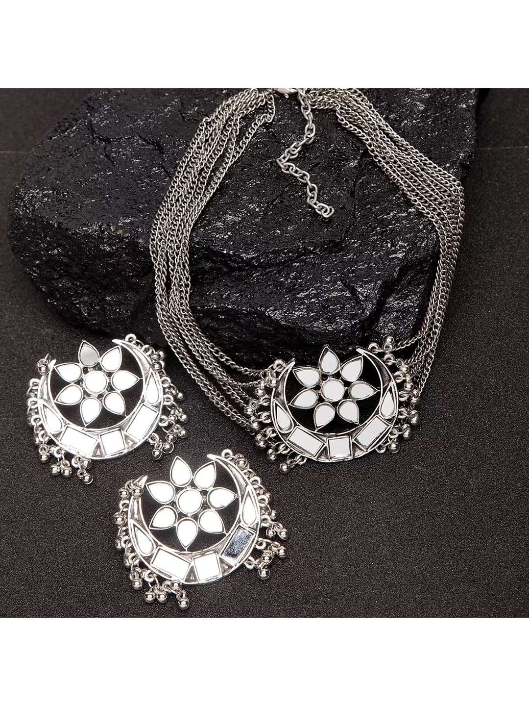 

SUNHARI Silver-Plated Mirror Studded Oxidised Jewellery Set