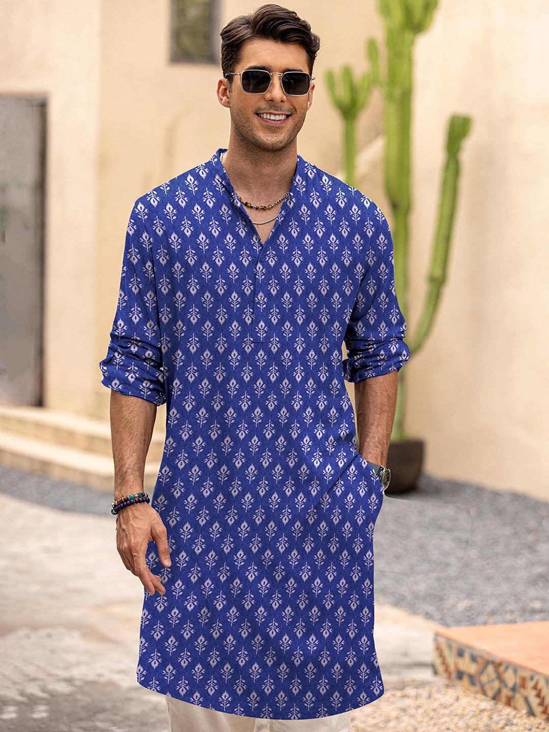 

Anouk Floral Printed Band Collar Kurta, Blue