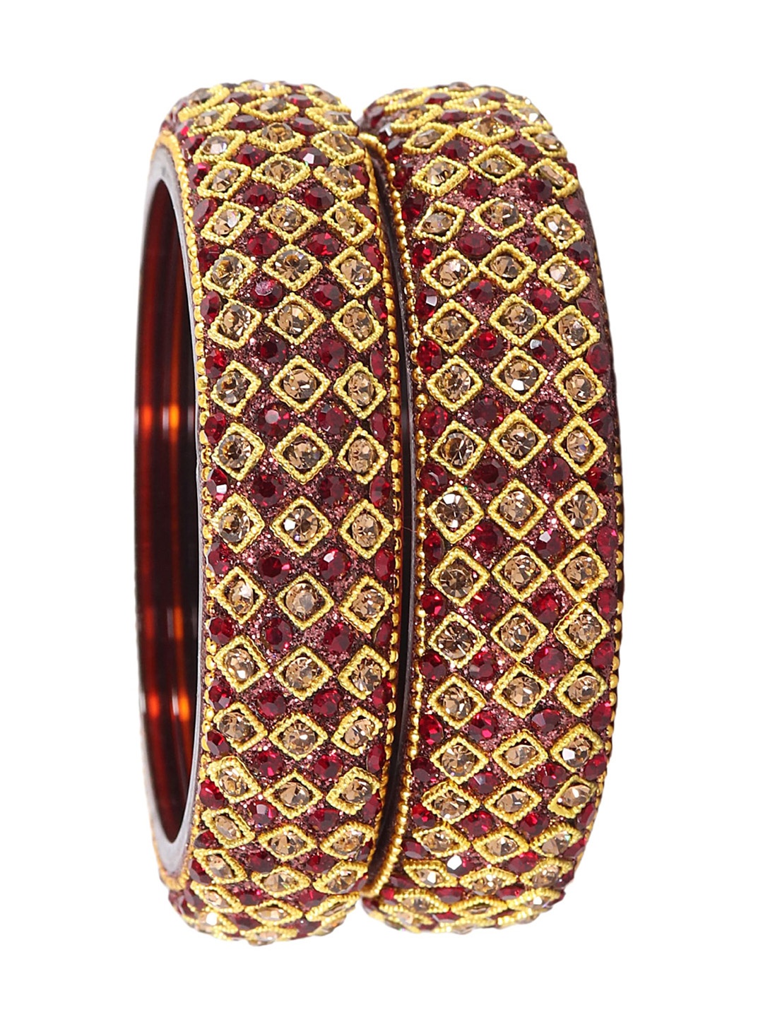 

ZULKA Pack Of 2 Golden Glass Zircon Stone & Beads Work Kada Bangles, Maroon