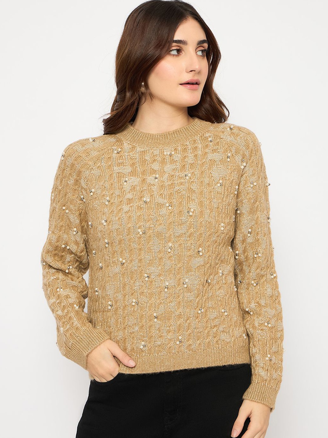 

Madame Women Cable Knit Self Design Pullover, Camel brown