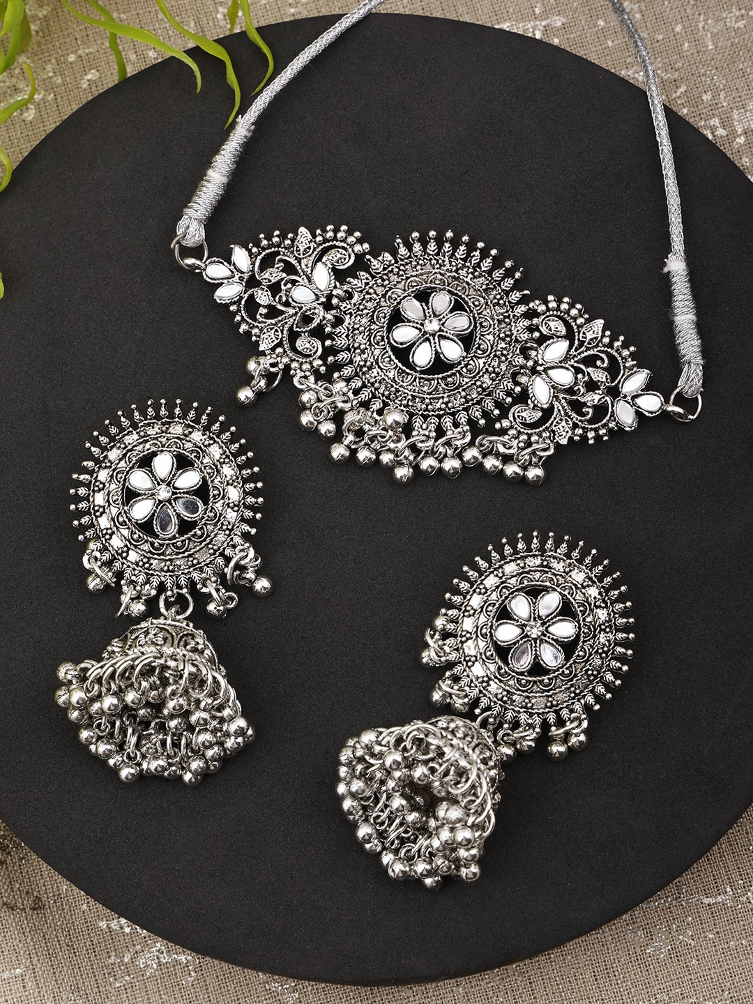 

SUNHARI German Silver Plated Stone Studded & Beaded Jewellery Set