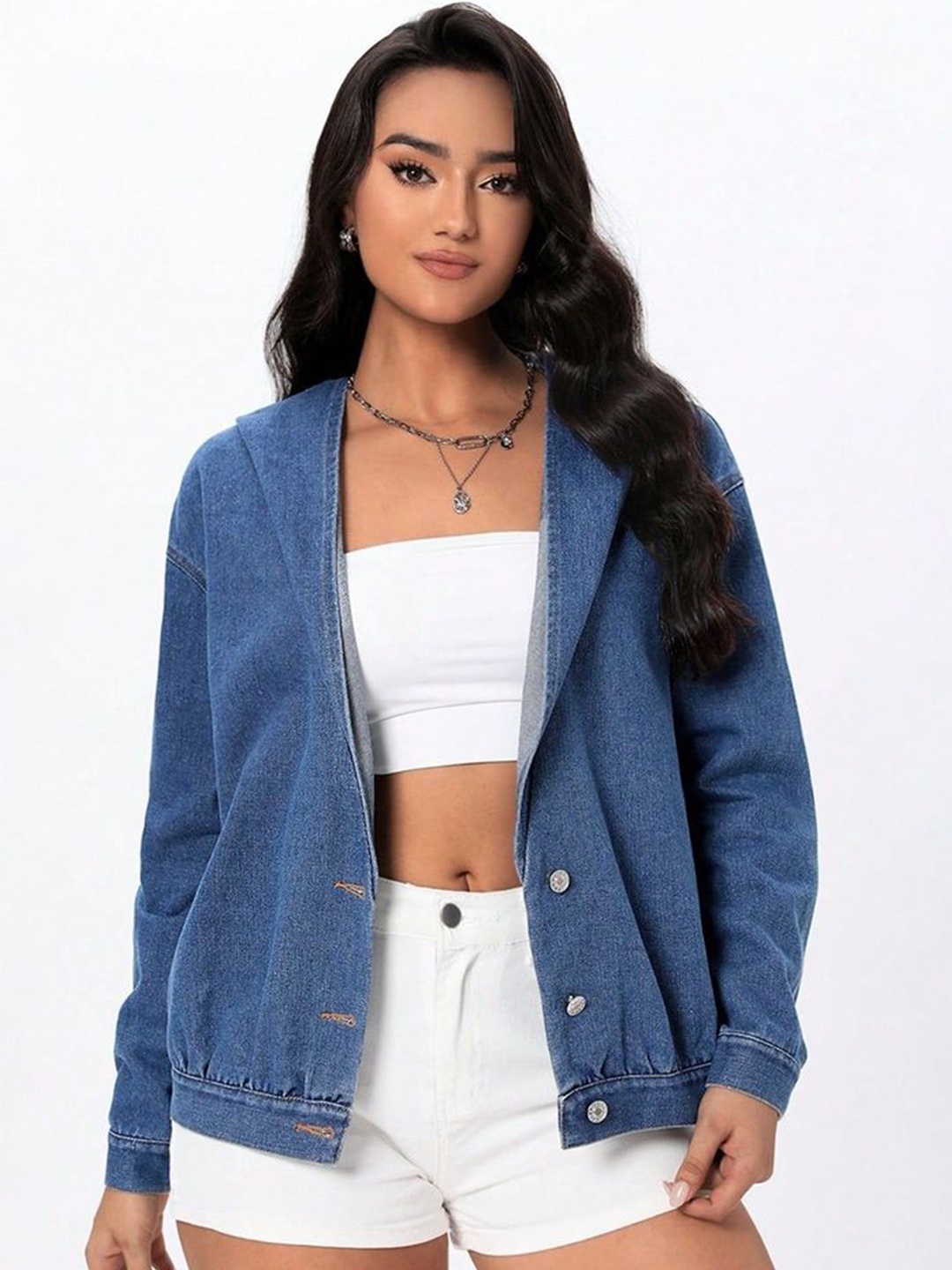 

LULU & SKY Women Floral Striped Crop Denim Jacket, Navy blue