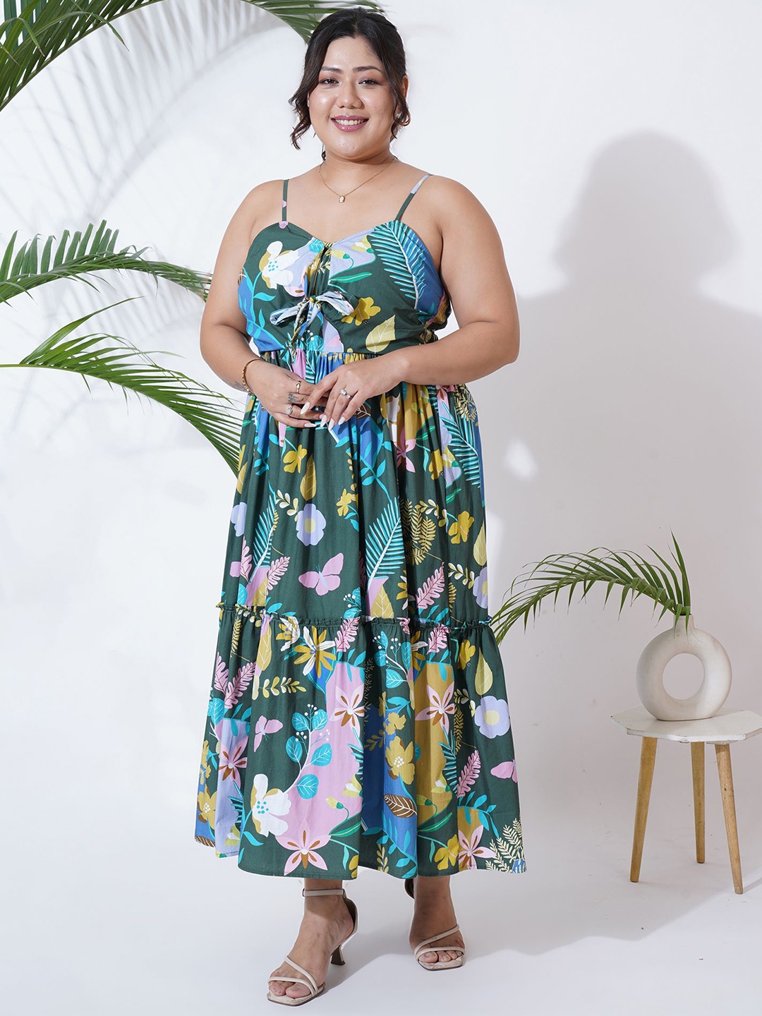 

MOOBA Women Plus Size Floral Print Smocked Fit & Flare Maxi Dress, Green