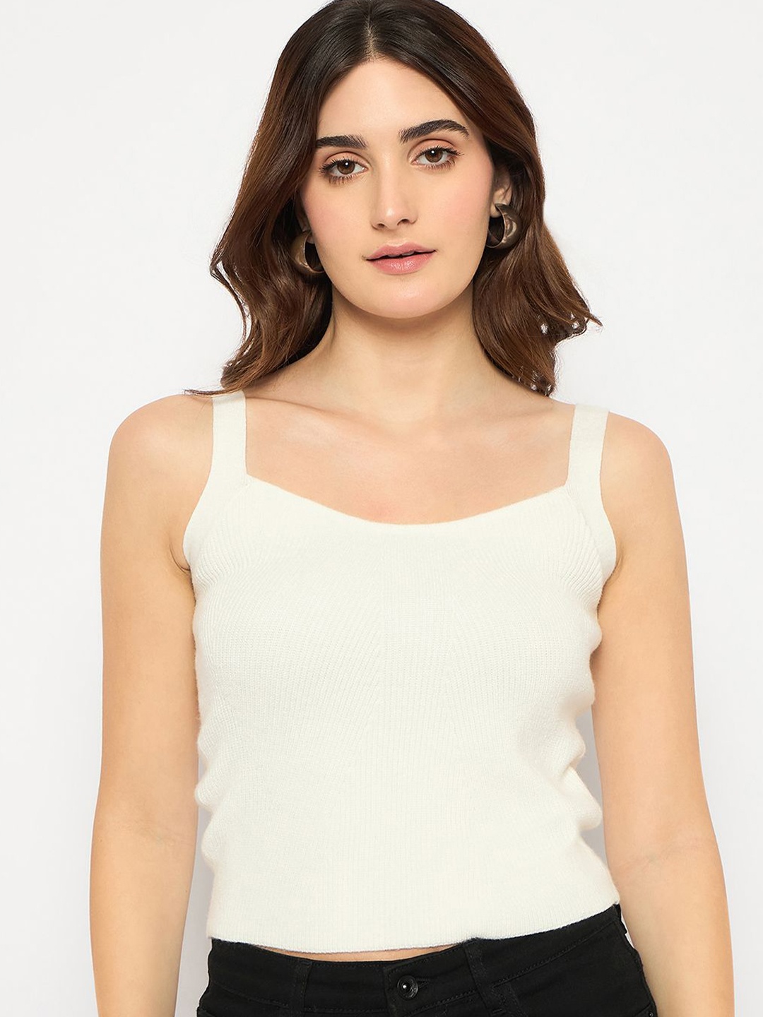 

Madame Women Scoop Neck Sleeveless Self Design Crop Sweater Vest, Off white