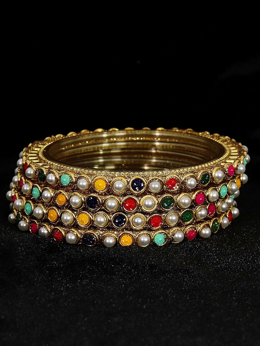 

ZULKA Set of 4 Glass Golden Zircon Stones & Beads Work Bangles, Multi