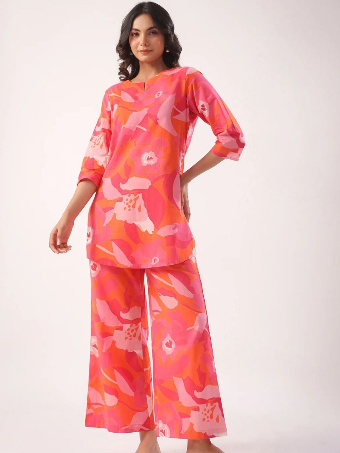 

NIJANAND TEXTILE Printed Cotton Top With Trouser, Orange