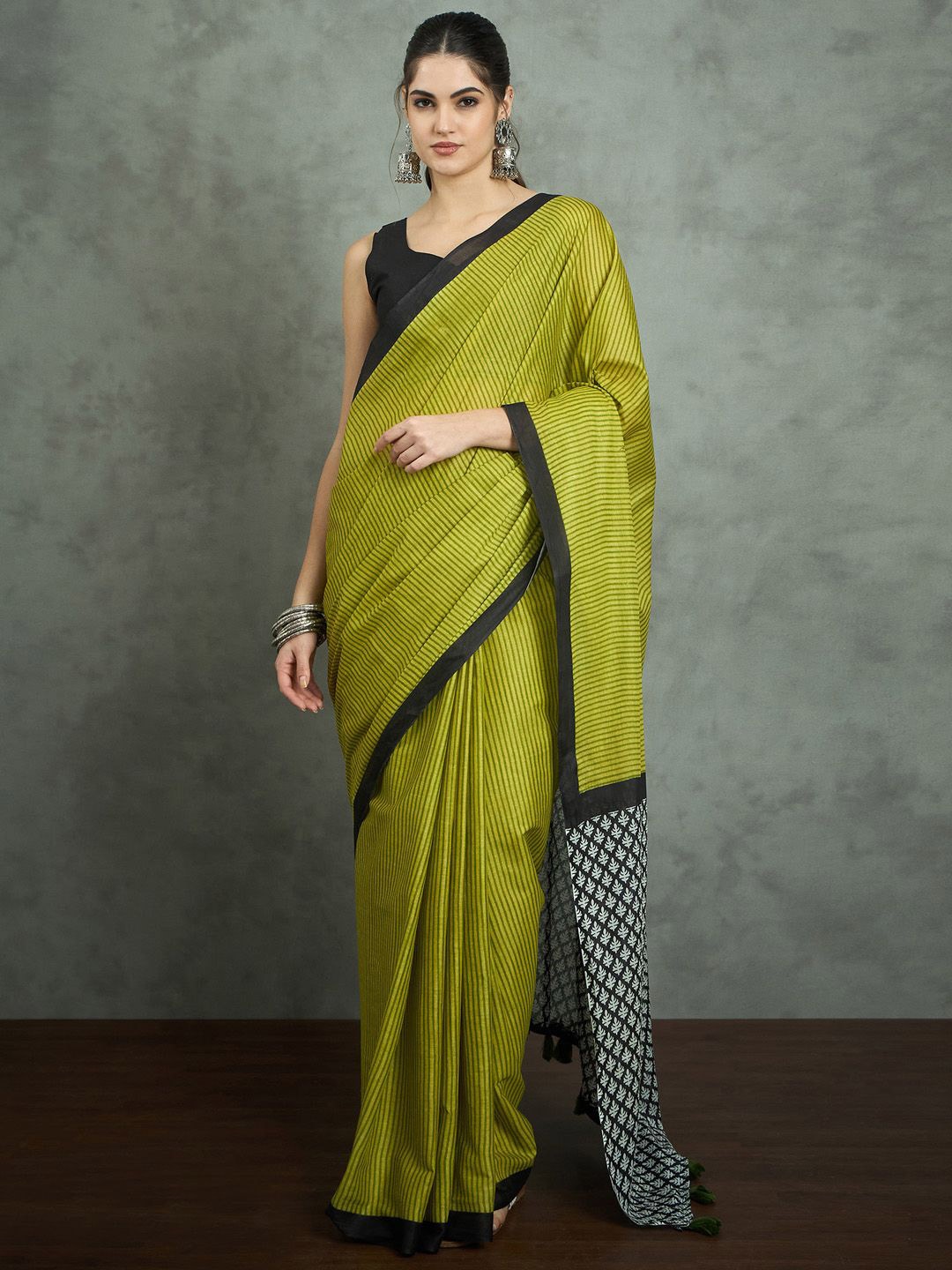 

Mitera Striped Block Print Saree, Olive