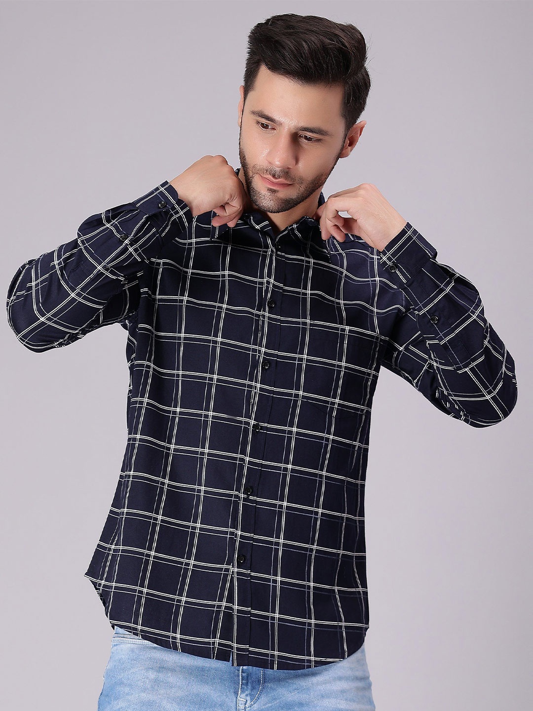 

HERE&NOW Men Comfort Spread Collar Tartan Checked Cotton Casual Shirt, Navy blue