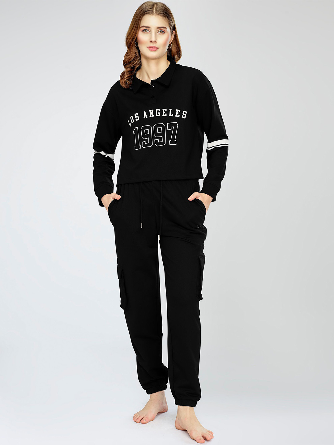

Zeyo Women Typography Printed T-shirt & Pyjama, Black