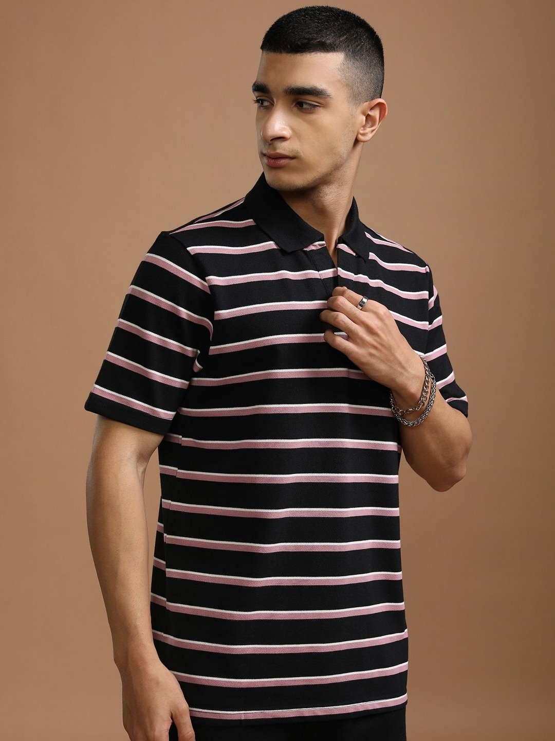 

HIGHLANDER Men Striped Polo Collar Relaxed Fit T-shirt, Black