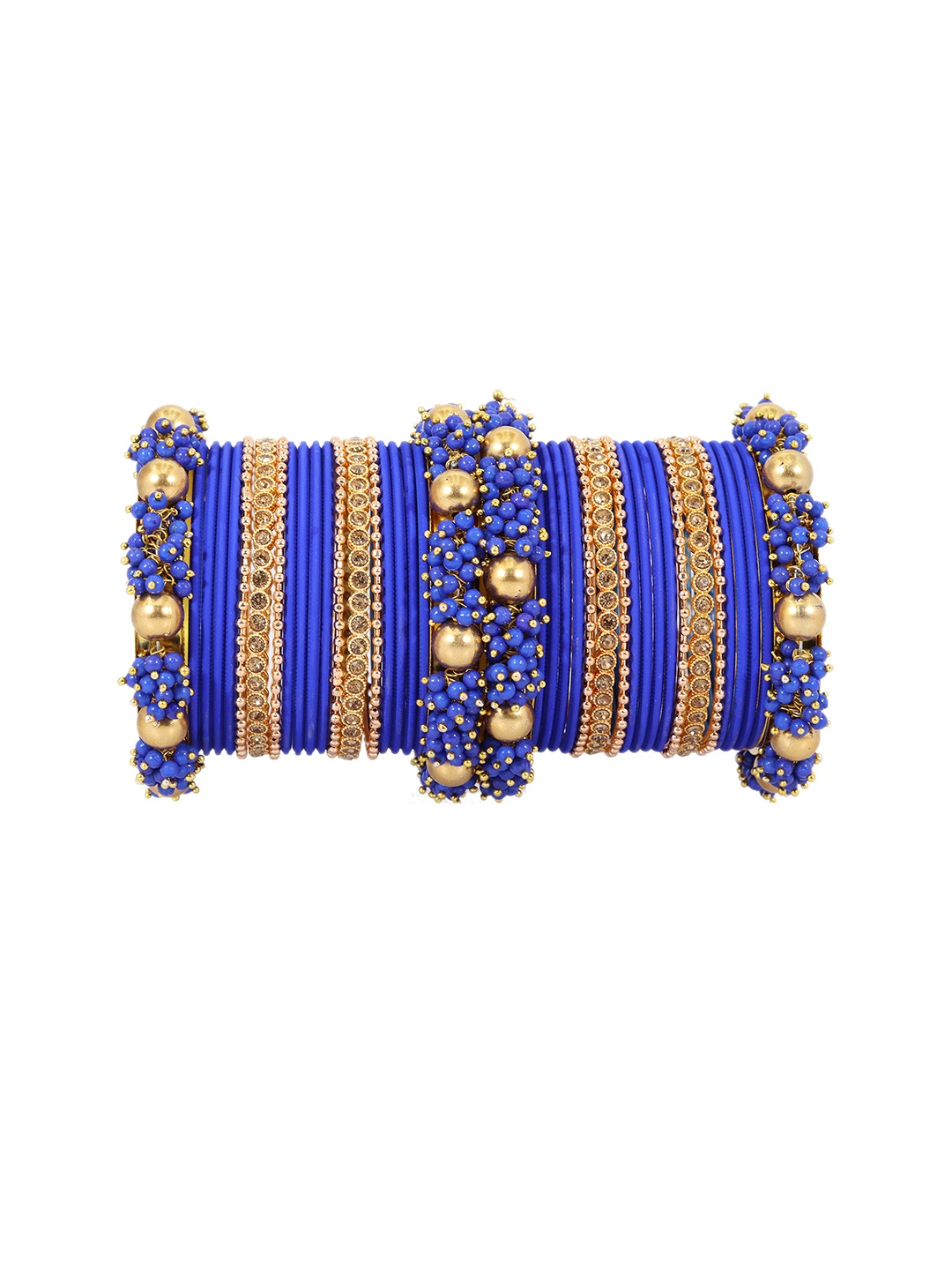 

ZULKA Set of 42 Metal and Zircon Gemstone with Pearls Studded Matte Bangles, Blue