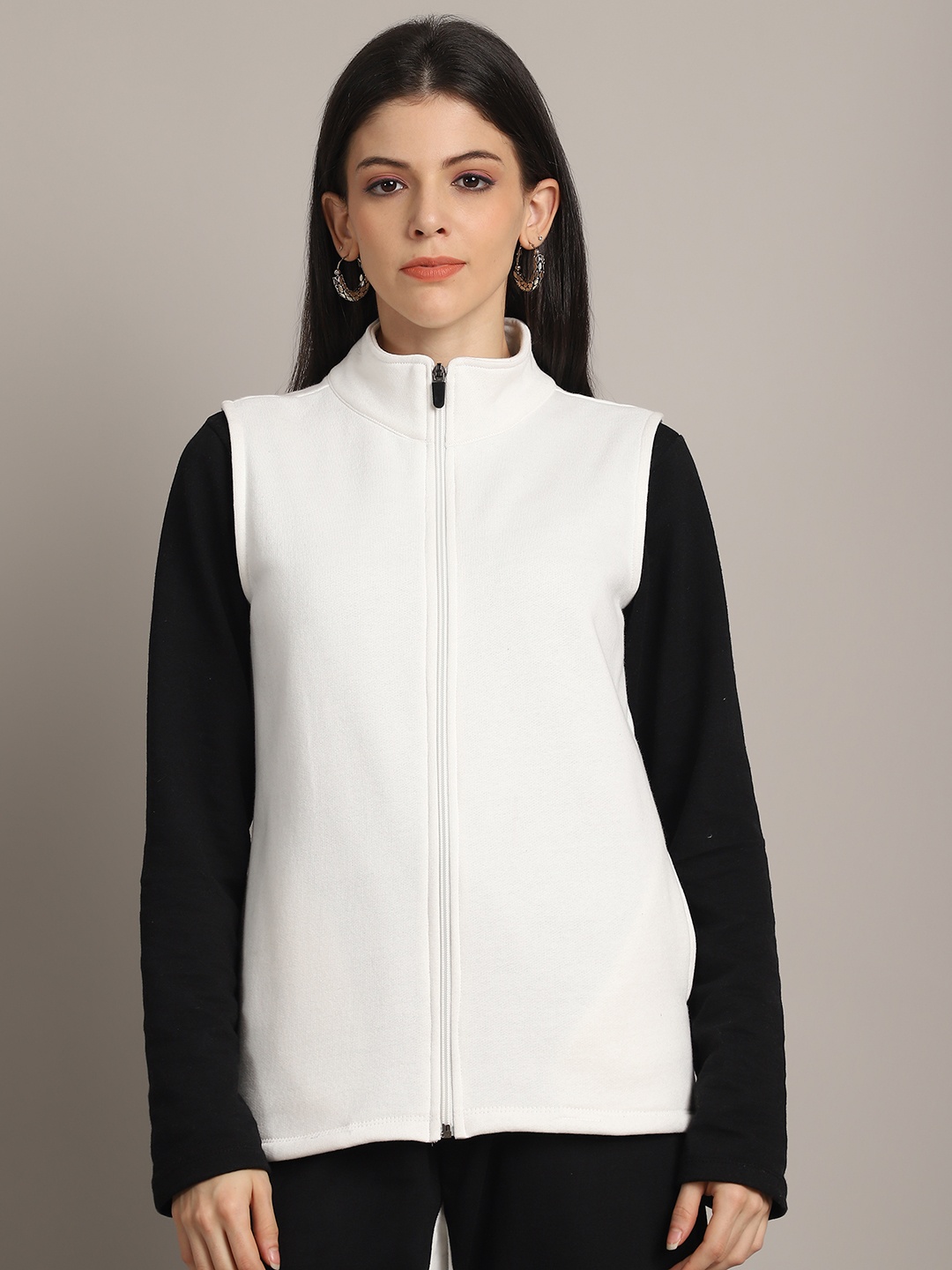 

Rute Women Mock Collar Solid Cotton Casual Bomber Jacket, White
