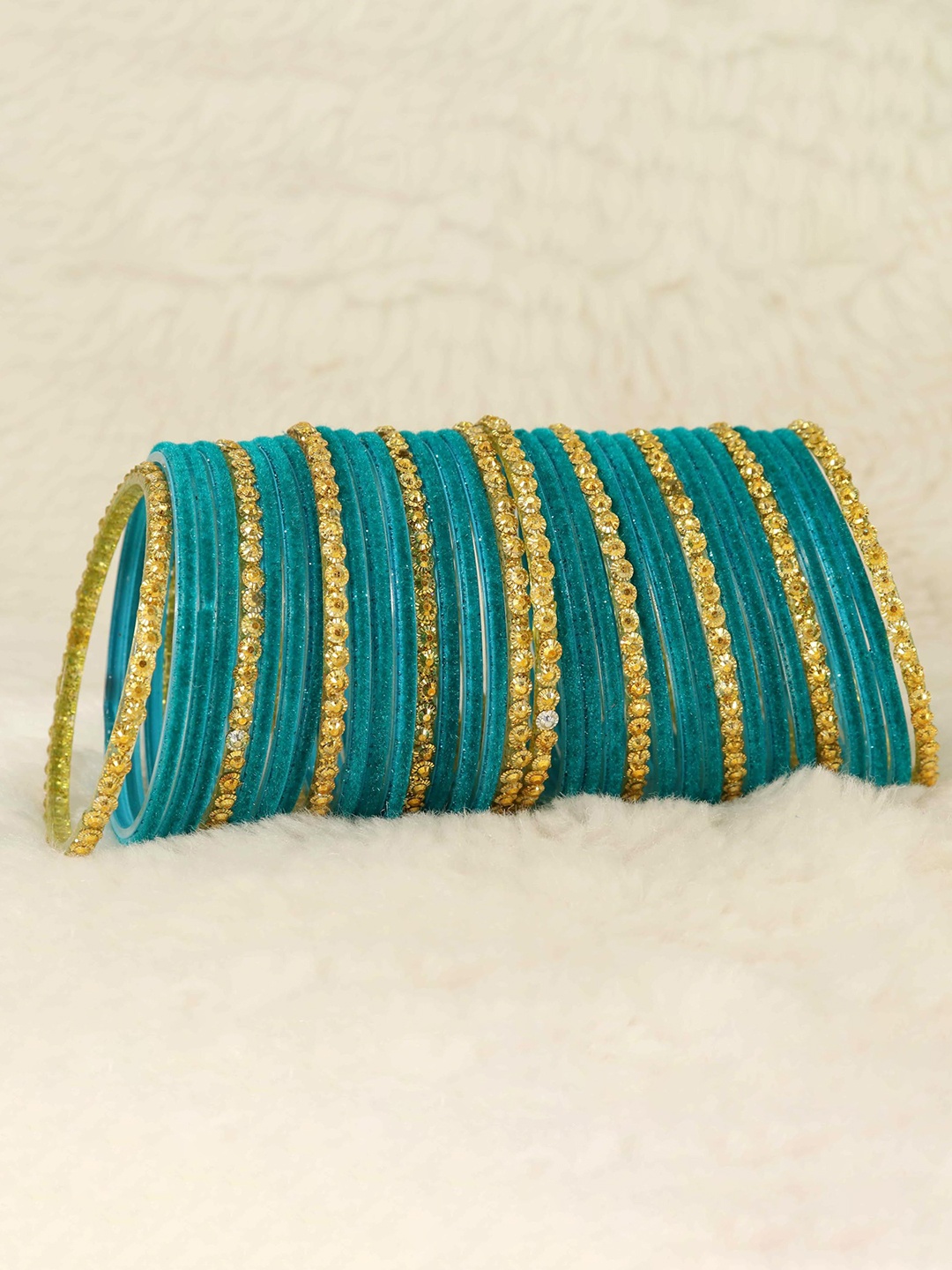

Set of 34 Stylish Glass & Golden Beads Velvet Bangle, Blue
