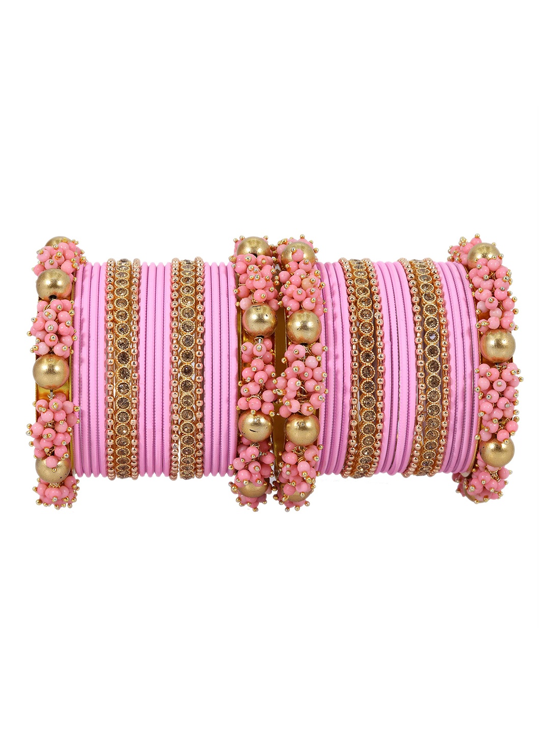 

ZULKA Set of 42 Zircon Gemstone with Pearls Studded Matte Bangles, Pink