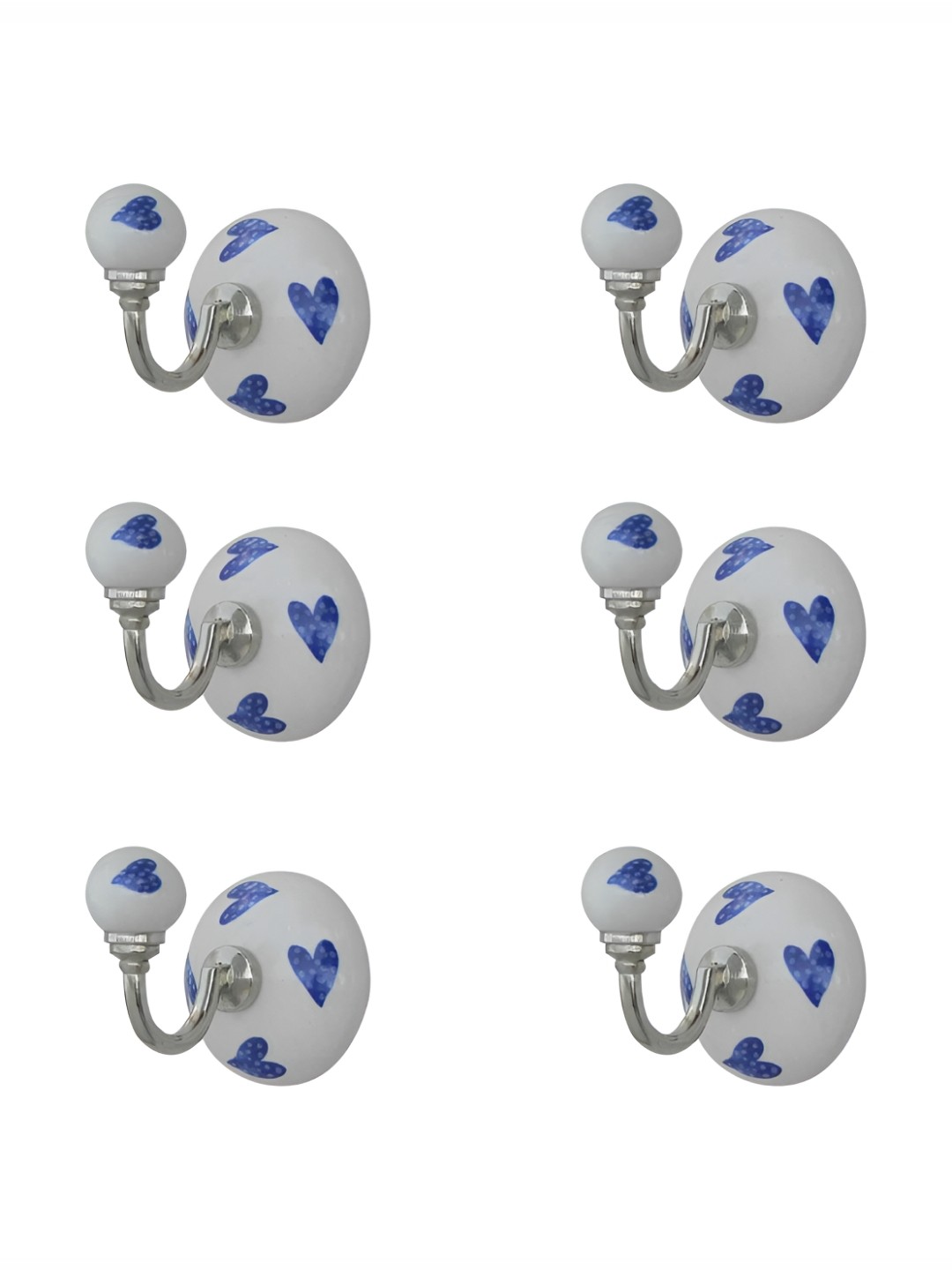 

IndianShelf White & Blue 6 Pcs Heart Printed Ceramic Wall Hooks