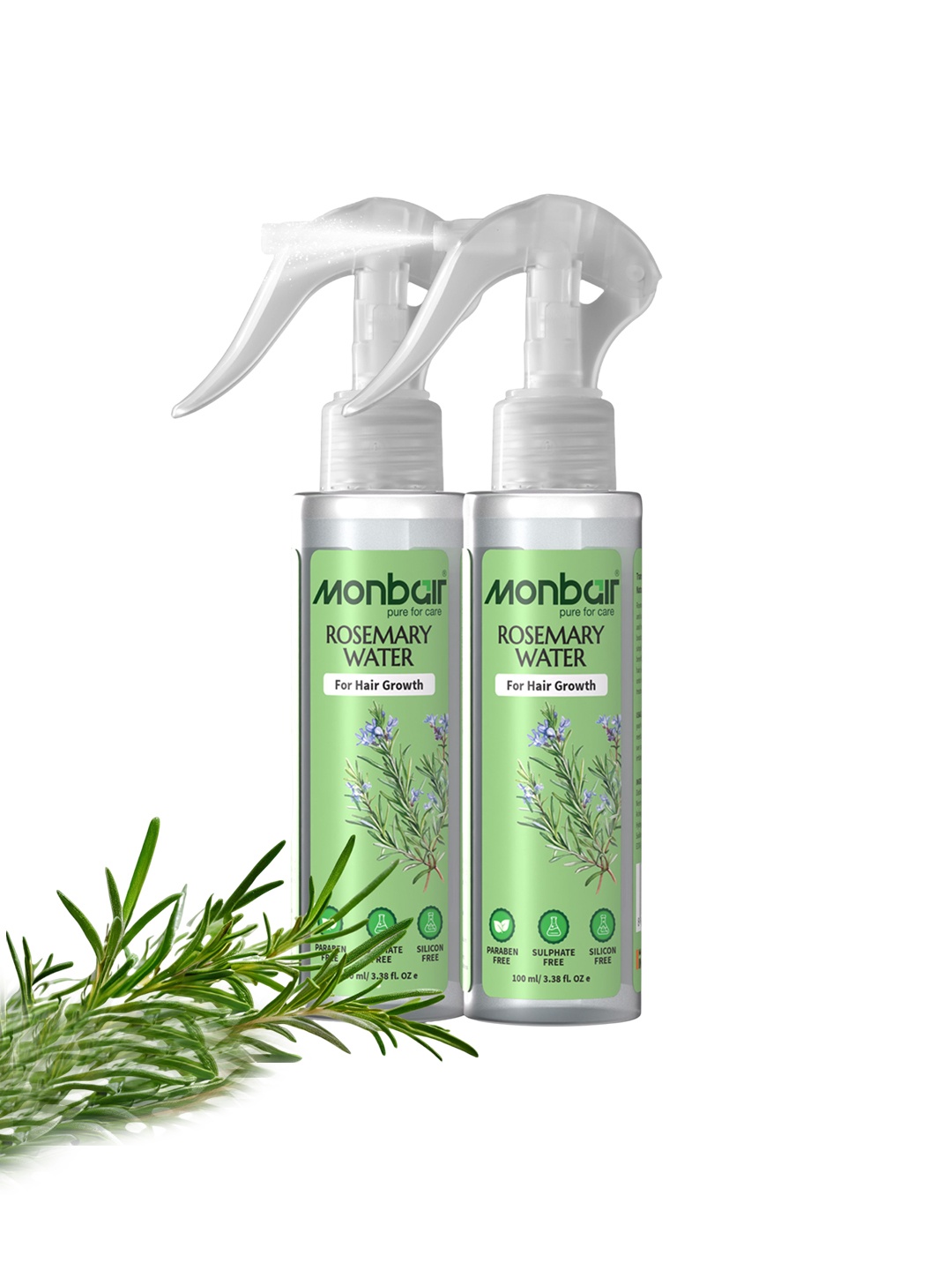 

MONBAIR Set Of 2 Rosemary Water Hair Spray For Hair Growth - 100 ml Each, Green