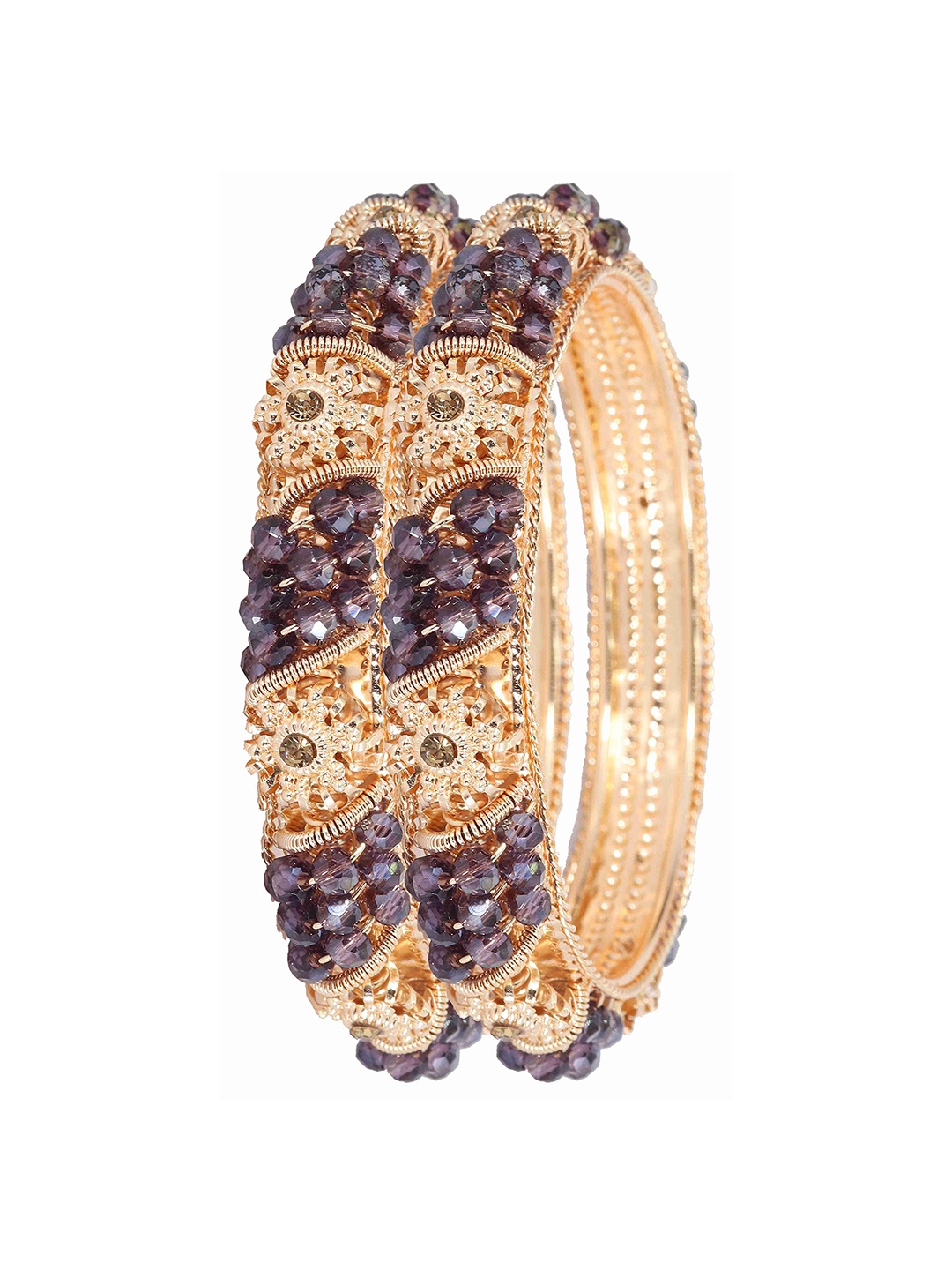

ZULKA Set of 2 Metal with Zircon Gemstone Beads Kada Bangles, Purple