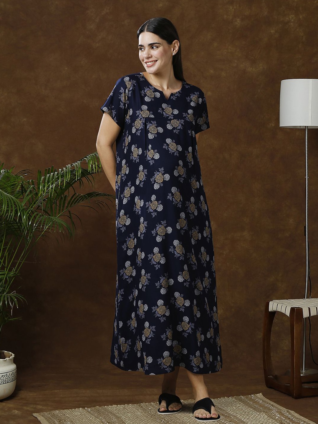 

MomToBe Floral Printed Maternity Maxi Nightdress, Navy blue