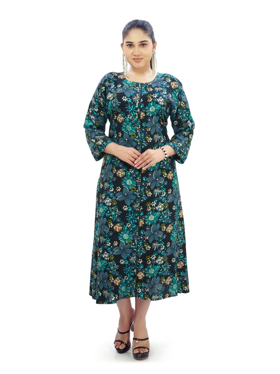

Ayukti Women Floral Print Cotton A-Line Dress, Blue