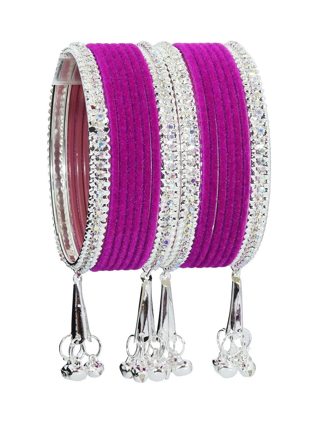 

ZULKA Set of 16 Silver-Plated Artificial Stones and Beads Studded Latkan Bangles, Purple