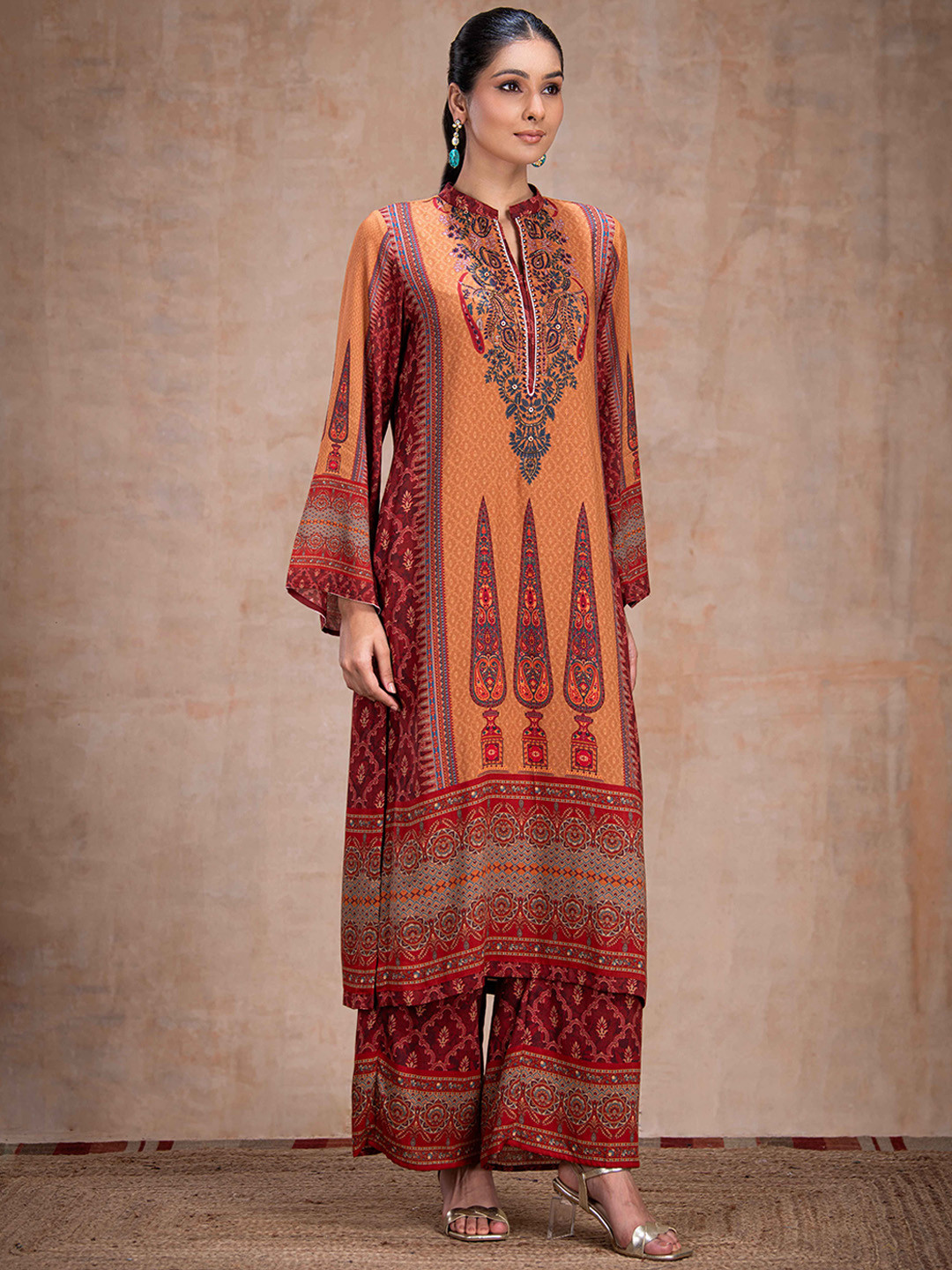 

The Front Row Women Printed Beads and Stones Silk Crepe Kurti with Palazzos & With Dupatta, Maroon