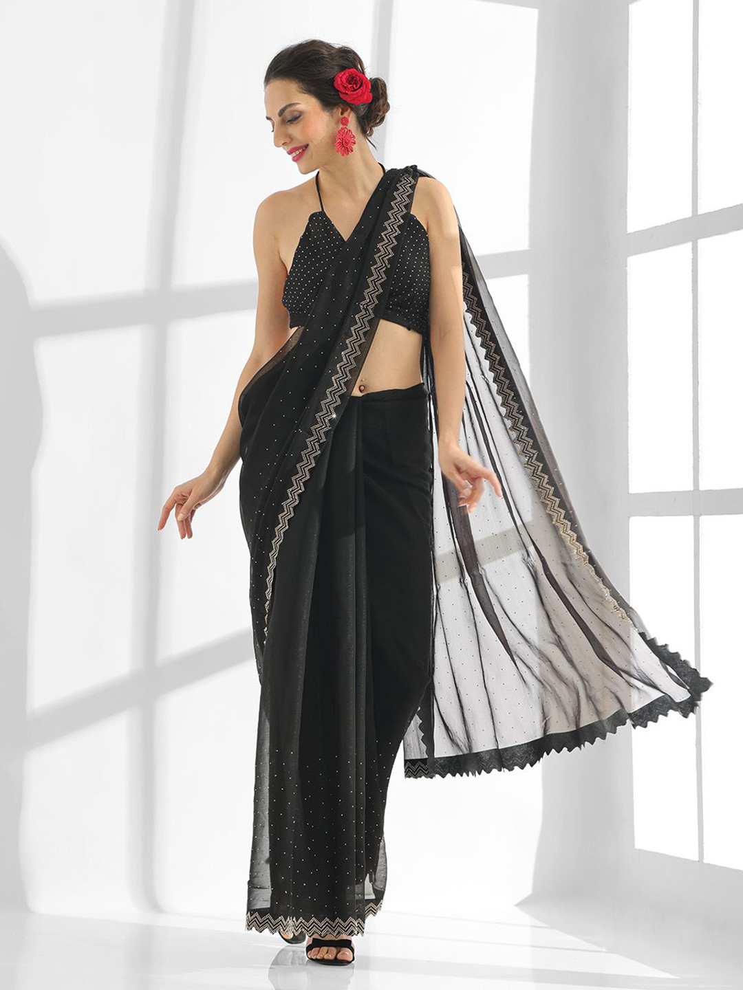 

Kalista Embellished Beads and Stones Pure Chiffon Saree, Black