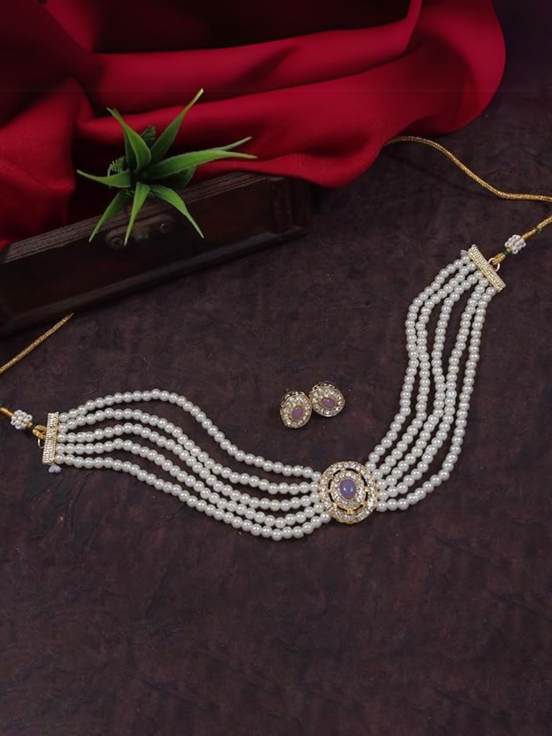 

I Jewels Gold Plated Pearls & Stones Studded Jewellery Set