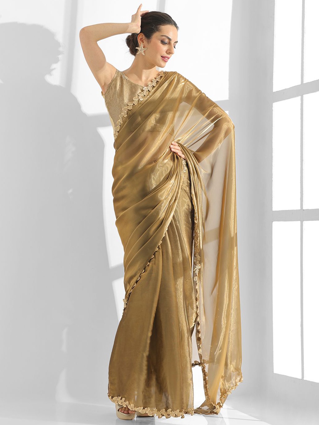 

Mitera Sequinned Pure Chiffon Saree, Gold