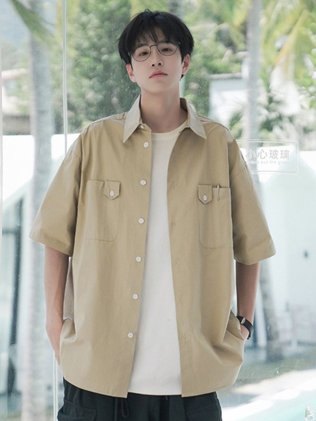 

HERE&NOW Men Original Solid Oversized Casual Shirt, Khaki