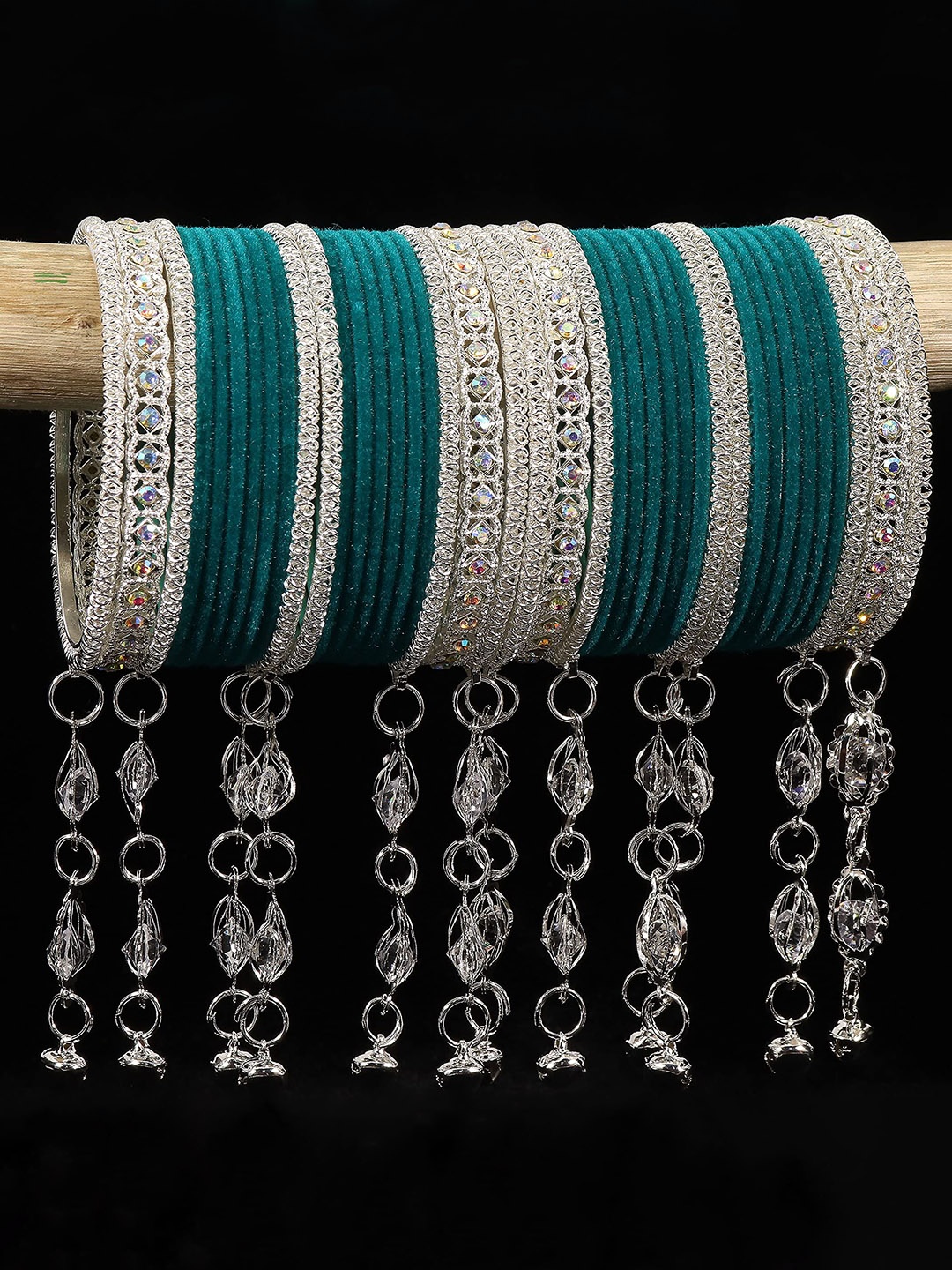 

Set of 78 Metal with Cubic Zirconia and Pearls Velvet Bangles For Women, Green