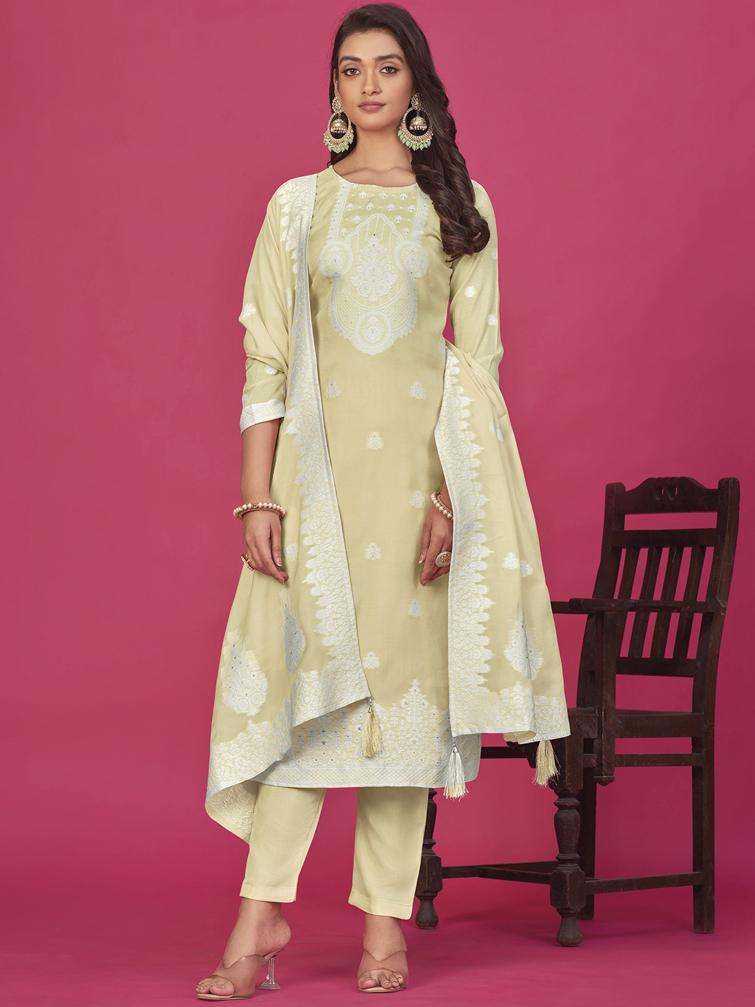 

KSM PRINTS Floral Embroidered Organza Unstitched Dress Material, Beige