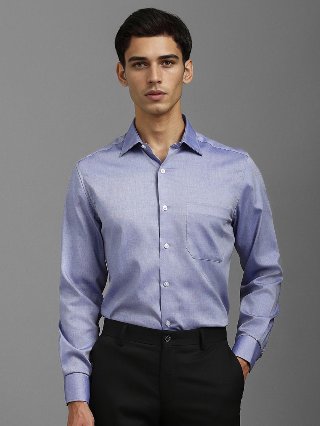 

Louis Philippe Men Classic Spread Collar Solid Cotton Formal Shirt, Blue