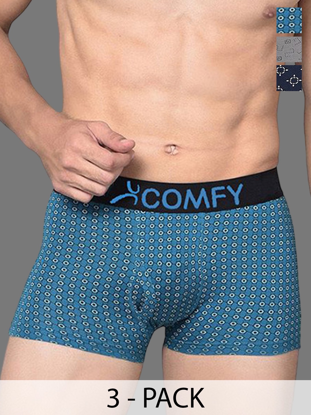 

AMUL COMFY Men Pack Of 3 Assorted Printed Short Trunks Comfy-Printed-Trunk-OE-3-80