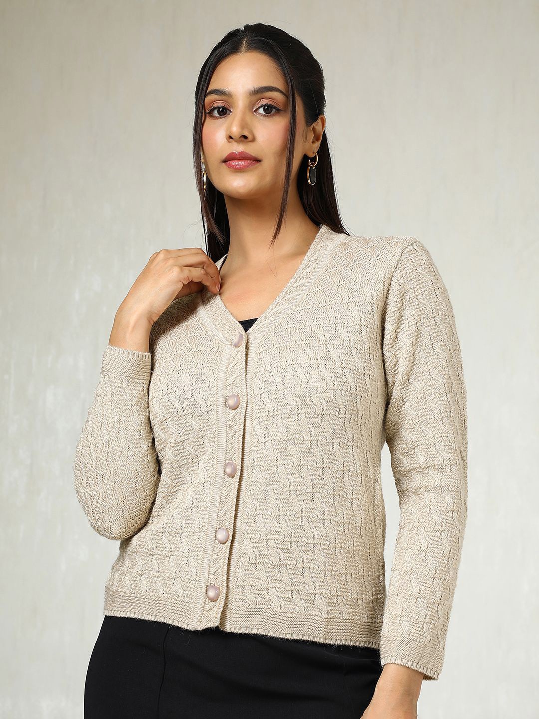 

Soch Women Cable Knit V-Neck Long Sleeves Cardigan, Beige