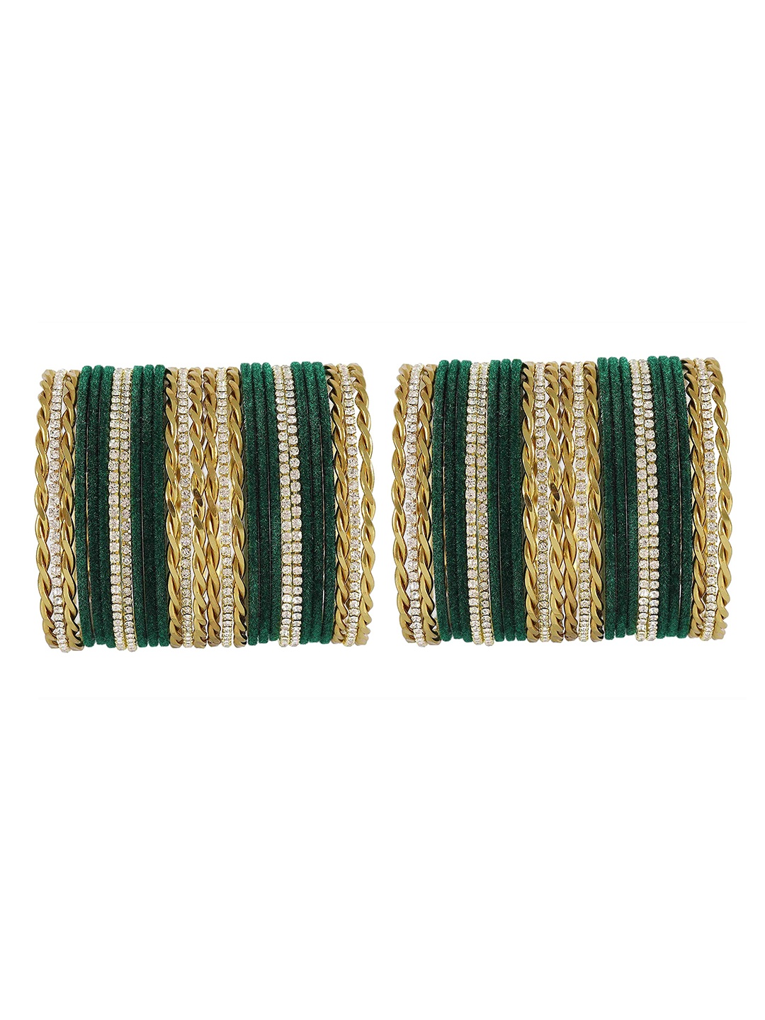 

ZULKA Set of 28 Metal Base and Zircon Gemstone with Velvet Twisted Bangles, Green