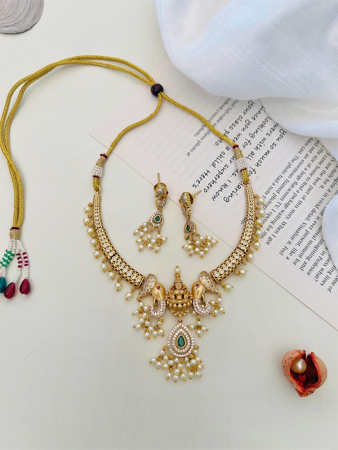 

ABDESIGNS Enchanting Gold-Plated Stone Studded & Beaded Temple Jewellery Set