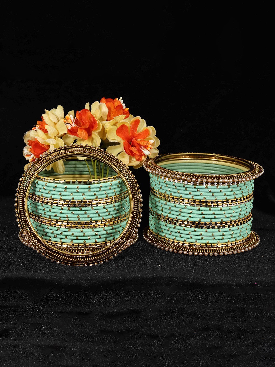 

ZULKA Set of 34 Traditional Metal Bangles Studded Zircon Diamond Stone & Pearls, Green