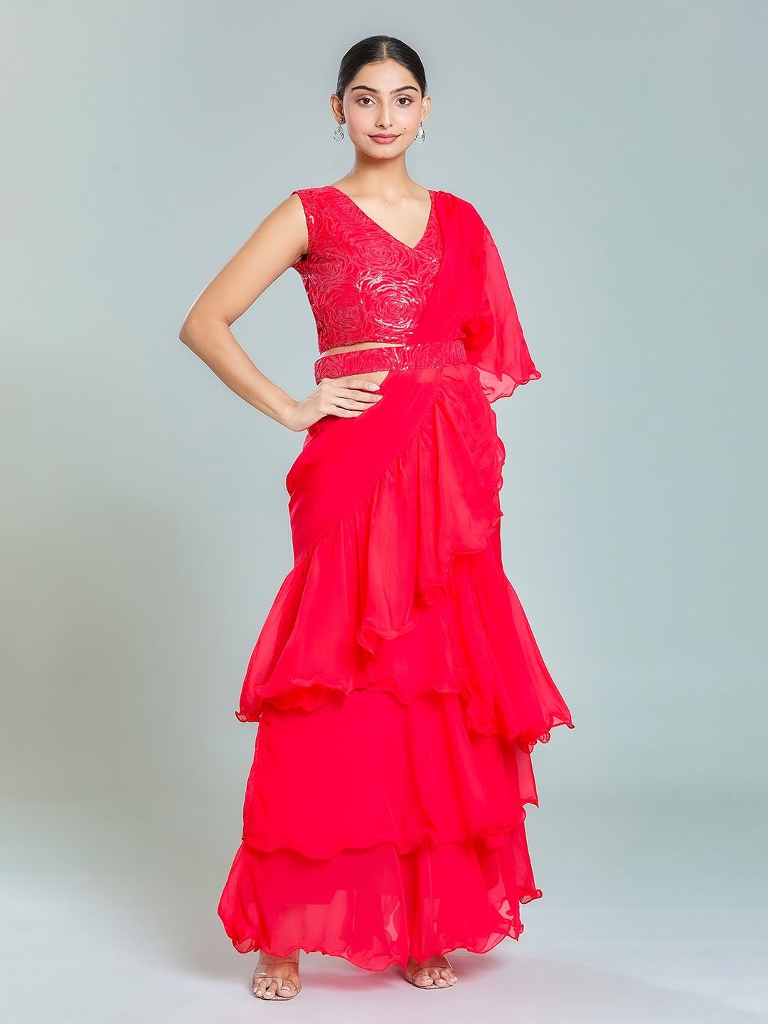 

Samyukta Singhania Sequinned Organza Ready to Wear Saree, Red