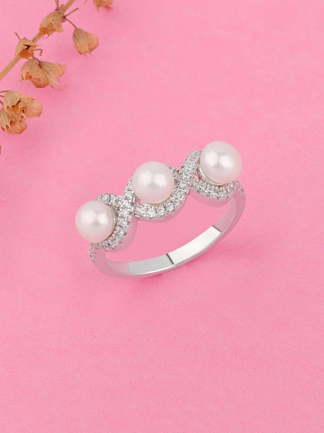 

Ornate Jewels Rhodium-Plated 925 Silver Pearl & Stone Studded Finger Ring