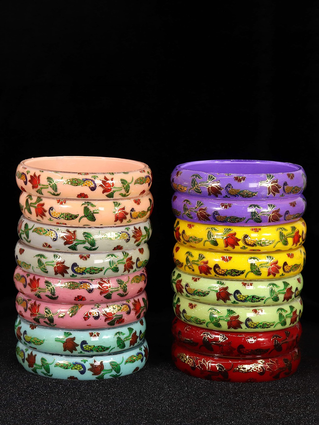 

ZULKA Set of 16 Floral Printed Glass Glossy Finished Bangles, Multi
