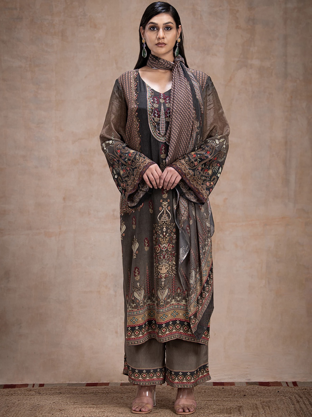 

The Front Row Women Embroidered Beads and Stones Kurti With Palazzos & With Dupatta, Charcoal