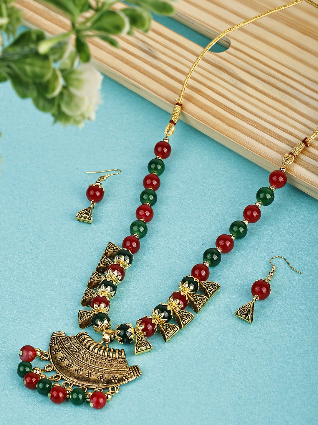 

SUNHARI Gold-Plated Beaded Necklace & Earrings, Red