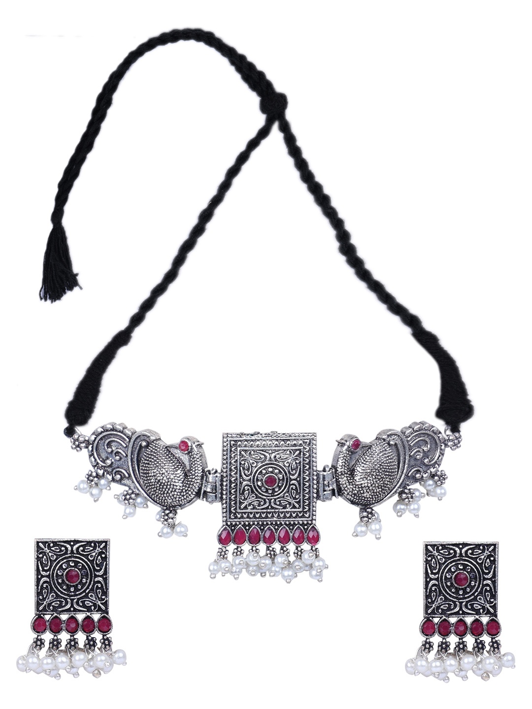 

SUNHARI Oxidised Stones-Studded & Beaded Peacock Design Choker Jewellery Set, Silver