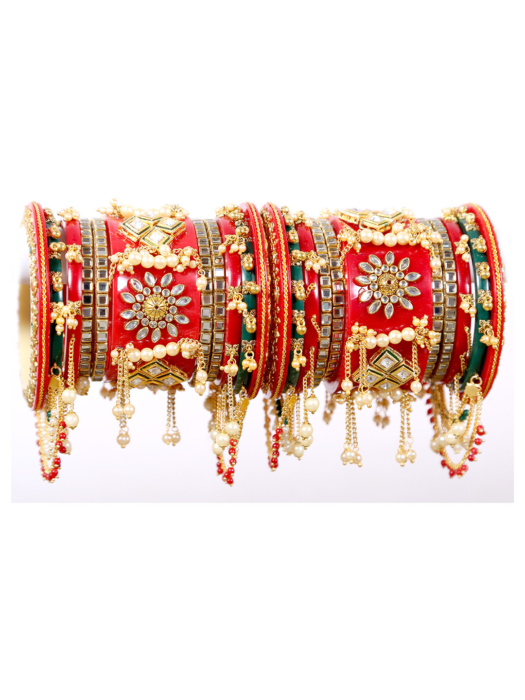 

Align Set of 2 Gold-Plated Artificial Stone-Studded & Beaded Chudas, Red