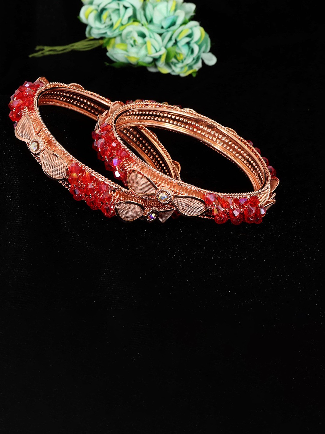 

ZULKA PAck of 2 Rose-Gold Plated Metal & Zircon Stone Bangles, Red